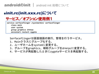 androidのinit |

android init 処理について

■init.rc(init.xxx.rc)について

サービス／オプション使用例１
service serfaceflinger /system/bin/ serfaceflinger
class main
user system
group graphics drmrpc
onrestart restart zygote

Serfaceflingerは画面描画の実行、管理を行うサービス。
1. Mainクラスにグループ化する。
2. ユーザネームをsystemに変更する。
3. グループをgraphics、補助グループをdrmrpcに変更する。
4. サービスが再起動したときにzygoteサービスを再起動する。

Chance Lab. Corp.

49

 