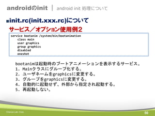 androidのinit |

android init 処理について

■init.rc(init.xxx.rc)について

サービス／オプション使用例２
service bootanim /system/bin/bootanimation
class main
user graphics
group graphics
disabled
oneshot

bootanimは起動時のブートアニメーションを表示するサービス。
1. Mainクラスにグループ化する。
2. ユーザネームをgraphicsに変更する。
3. グループをgraphicsに変更する。
4. 自動的に起動せず、外部から指定され起動する。
5. 再起動しない。

Chance Lab. Corp.

50

 