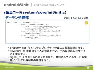 androidのinit |

android init 処理について

■該当コード(system/core/init/init.c)

デーモン処理部
for (i = 0; i < fd_count; i++) {
if (ufds[i]...