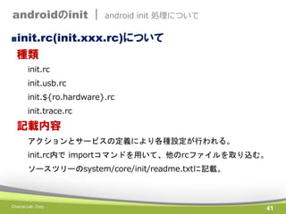 androidのinit |

android init 処理について

■init.rc(init.xxx.rc)について

種類
init.rc

init.usb.rc
init.${ro.hardware}.rc
init.trace....