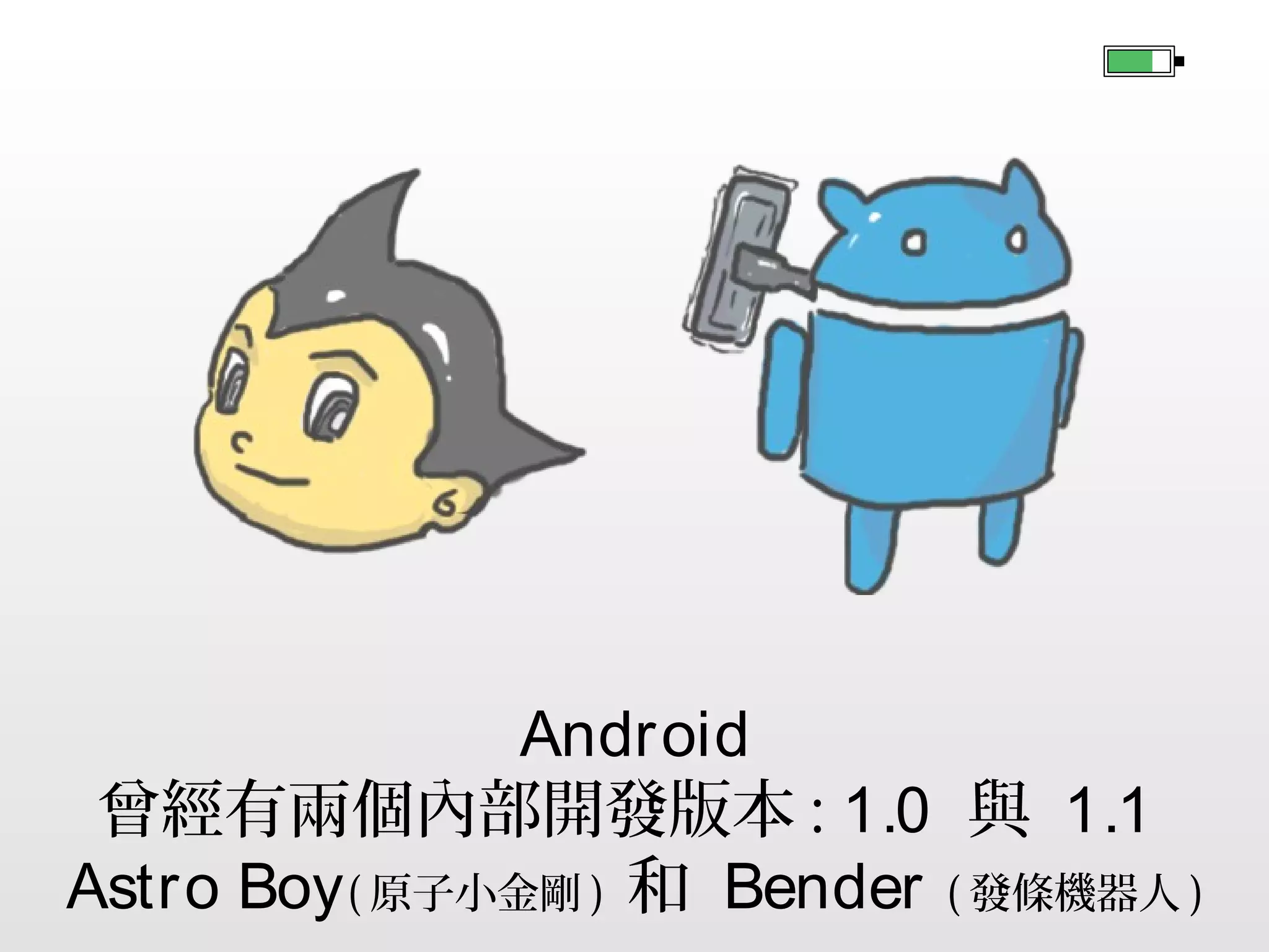 Android
曾經有兩個內部開發版本 : 1.0 與 1.1
Astro Boy ( 原子小金剛 ) 和 Bender ( 發條機器人 )

 