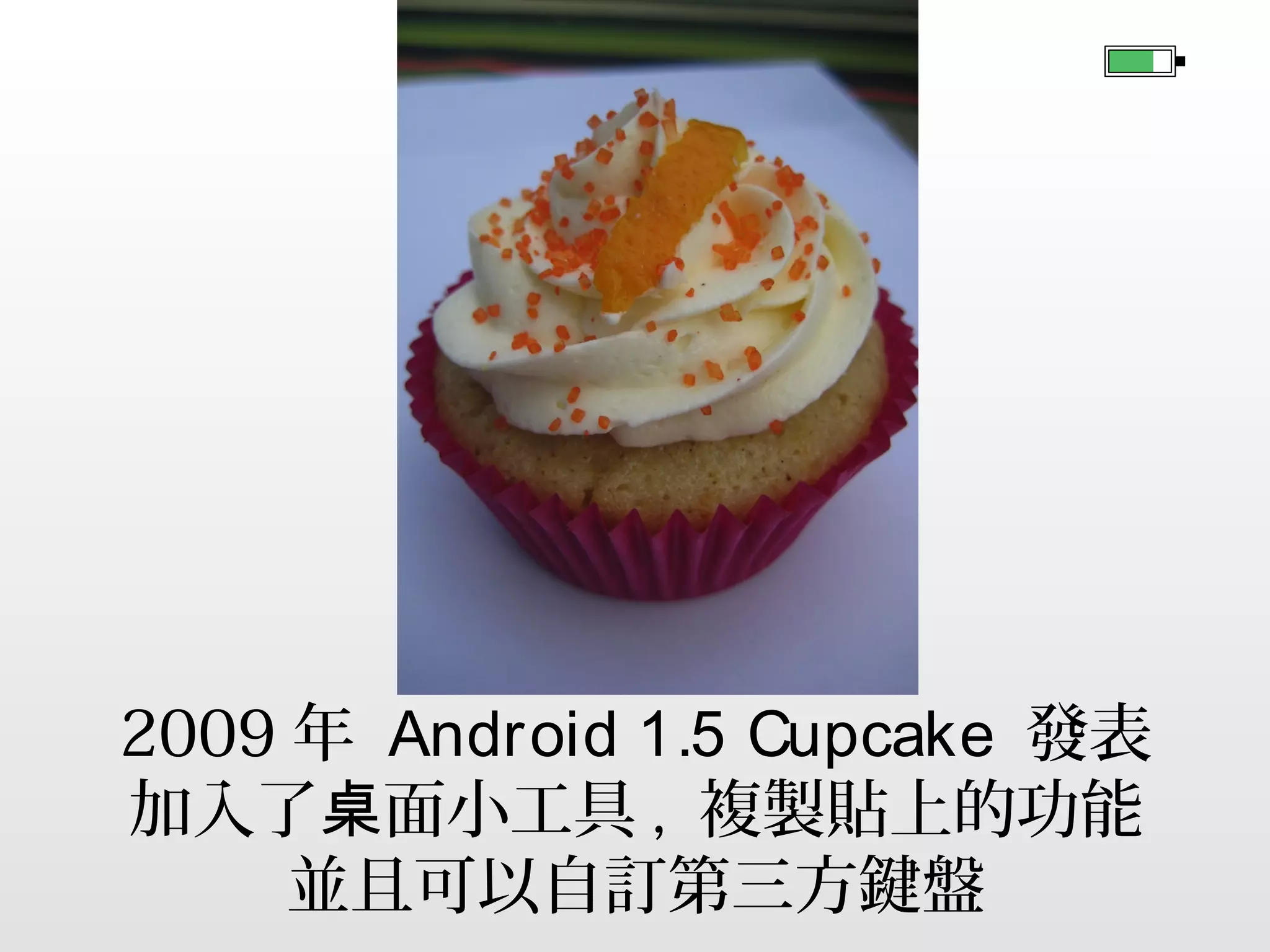 2009 年 Android 1.5 Cupcake 發表
加入了桌面小工具 , 複製貼上的功能
並且可以自訂第三方鍵盤

 