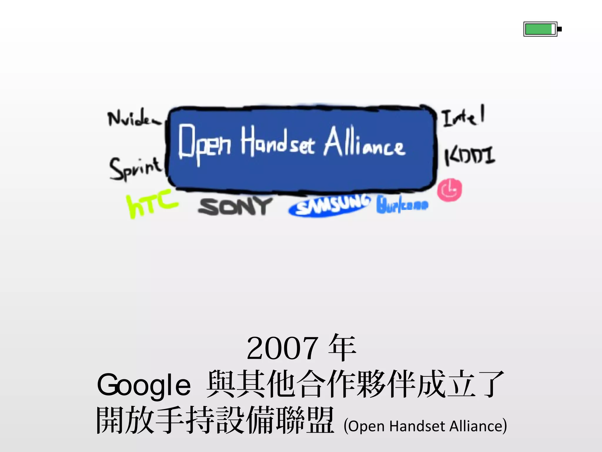 2007 年
Google 與其他合作夥伴成立了
開放手持設備聯盟 (Open Handset Alliance)

 