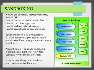 SANDBOXING
No app can adversely impact other apps,
user, or OS
Cannot read/write user’s private data
Cannot read other app’s data
Cannot perform network access
Cannot keep device awake, and so on
Each application is its own sandbox
To share resources, apps need to request
permissions, User must grant permissions at
install time
An application is an island on its own.
It contains any number of Activities,
Services, Receivers and Providers.
It has its own file system, database,
place to store native libraries.

 
