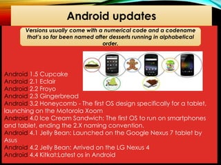 Android updates
Versions usually come with a numerical code and a codename
that’s so far been named after desserts running in alphabetical
order.

Android 1.5 Cupcake
Android 2.1 Eclair
Android 2.2 Froyo
Android 2.3 Gingerbread
Android 3.2 Honeycomb - The first OS design specifically for a tablet,
launching on the Motorola Xoom
Android 4.0 Ice Cream Sandwich: The first OS to run on smartphones
and tablet, ending the 2.X naming convention.
Android 4.1 Jelly Bean: Launched on the Google Nexus 7 tablet by
Asus
Android 4.2 Jelly Bean: Arrived on the LG Nexus 4
Android 4.4 Kitkat:Latest os in Android

 