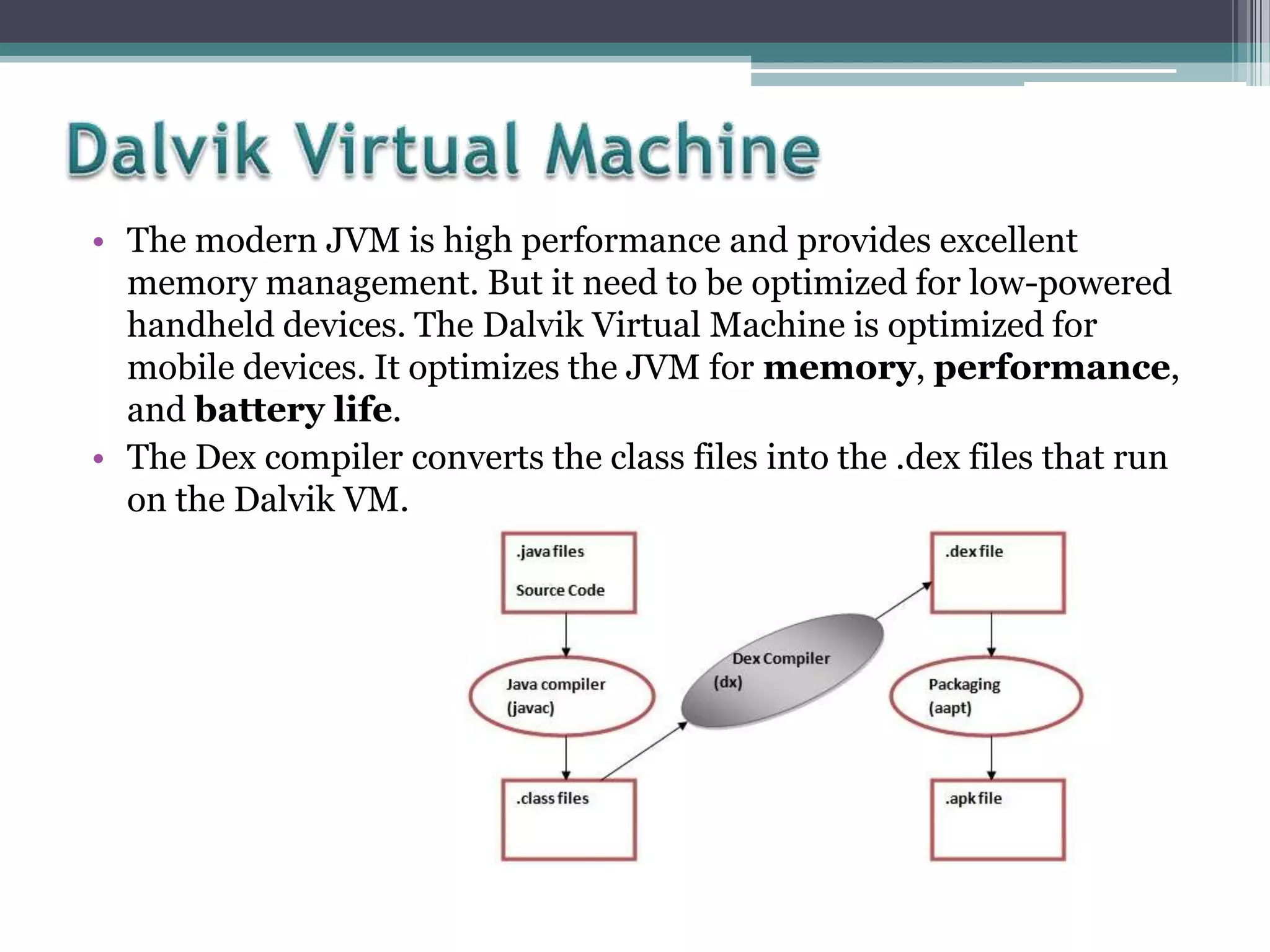• The modern JVM is high performance and provides excellent
memory management. But it need to be optimized for low-powered
handheld devices. The Dalvik Virtual Machine is optimized for
mobile devices. It optimizes the JVM for memory, performance,
and battery life.
• The Dex compiler converts the class files into the .dex files that run
on the Dalvik VM.

 