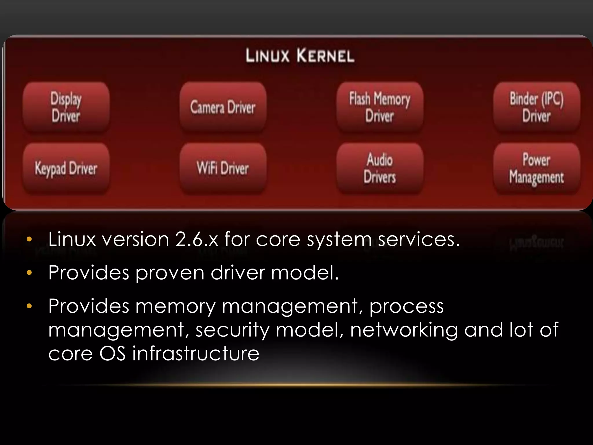 • Linux version 2.6.x for core system services.
• Provides proven driver model.
• Provides memory management, process
management, security model, networking and lot of
core OS infrastructure

 
