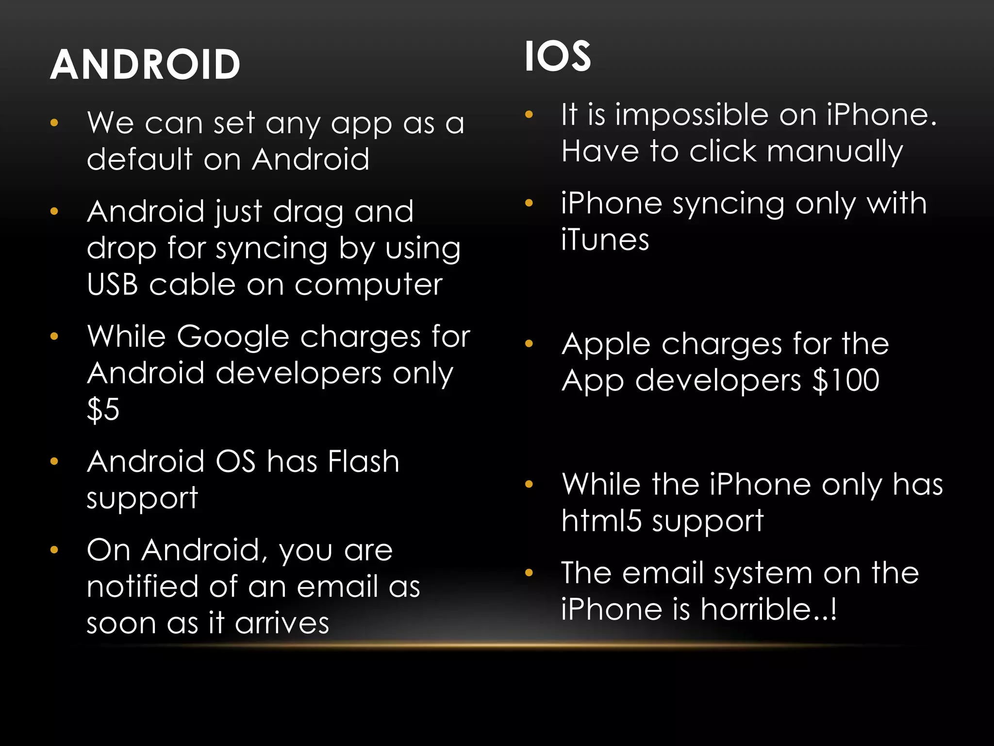 ANDROID

IOS

• We can set any app as a
default on Android

• It is impossible on iPhone.
Have to click manually

• Android just drag and
drop for syncing by using
USB cable on computer

• iPhone syncing only with
iTunes

• While Google charges for
Android developers only
$5

• Apple charges for the
App developers $100

• Android OS has Flash
support
• On Android, you are
notified of an email as
soon as it arrives

• While the iPhone only has
html5 support
• The email system on the
iPhone is horrible..!

 