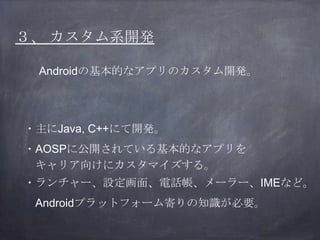 ３、 カスタム系開発
Androidの基本的なアプリのカスタム開発。
・主にJava, C++にて開発。
・AOSPに公開されている基本的なアプリを
キャリア向けにカスタマイズする。
・ランチャー、設定画面、電話帳、メーラー、IMEなど。
An...