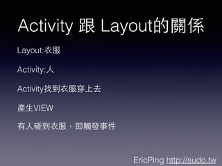 EricPing http://sudo.tw
Activity  LayoutPS
Layout:?·
Activity:?
Activityҵ?·ȥ
a?VIEW
??·|l¼
 