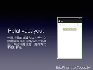 EricPing http://sudo.tw
RelativeLayout
?һNŰ?Ԫ֮
gŰ?øparent
Ԫλá?R?ʽ
M?Ű
 