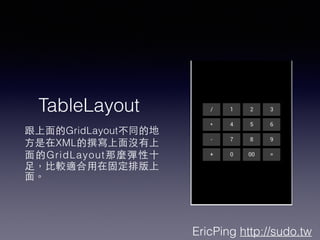 EricPing http://sudo.tw
TableLayout
?GridLayoutͬĵ
?XML׫?]
?GridLayoutN?ʮ
?㣬?^m?ڹ̶Ű
?档
 