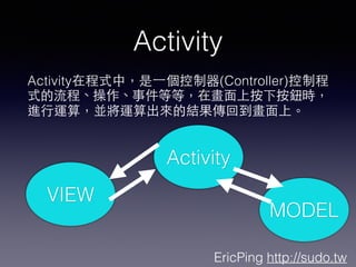 EricPing http://sudo.tw
Activity
ActivityڳʽУ?һ(Controller)Ƴ
ʽ̡¼ȵȣڮ?ϰ°or
M?\㣬K\ĽYص?ϡ
MODEL
Activity
VIEW
 