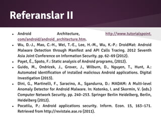 Referanslar II
● Android Architecture, http://www.tutorialspoint.
com/android/android_architecture.htm.
● Wu, D.-J., Mao, C.-H., Wei, T.-E., Lee, H.-M., Wu, K.-P.: DroidMat: Android
Malware Detection through Manifest and API Calls Tracing. 2012 Seventh
Asia Joint Conference on Information Security. pp. 62–69 (2012).
● Payet, É., Spoto, F.: Static analysis of Android programs, (2012).
● Guido, M., Ondricek, J., Grover, J., Wilburn, D., Nguyen, T., Hunt, A.:
Automated identification of installed malicious Android applications. Digital
Investigation (2013).
● Dini, G., Martinelli, F., Saracino, A., Sgandurra, D.: MADAM: A Multi-level
Anomaly Detector for Android Malware. In: Kotenko, I. and Skormin, V. (eds.)
Computer Network Security. pp. 240–253. Springer Berlin Heidelberg, Berlin,
Heidelberg (2012).
● Pocatilu, P.: Android applications security. Inform. Econ. 15, 163–171.
Retrieved from http://revistaie.ase.ro (2011).
 