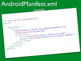 <?xml version="1.0" encoding=“utf-8"?>	
<manifest ...>	
	 ...	
<application ... >	
<activity	
android:name="br.com.mariojp.olamundo.OlaMundoActivity"	
android:label="@string/app_name" >	
<intent-filter>	
<action android:name="android.intent.action.MAIN" />	
<category android:name="android.intent.category.LAUNCHER" />	
</intent-filter>	
</activity>	
</application>	
</manifest>	
AndroidManifest.xml
 