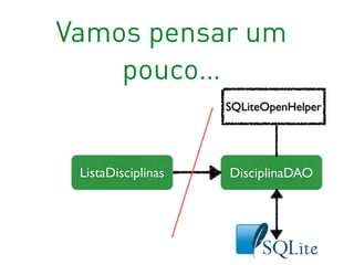 Vamos pensar um
pouco…
DisciplinaDAO
SQLiteOpenHelper
ListaDisciplinas
 
