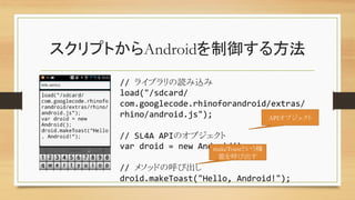 スクリプトからAndroidを制御する方法	
//	
  ライブラリの読み込み	
load("/sdcard/
com.googlecode.rhinoforandroid/extras/
rhino/android.js");	
	
//	
  SL4A	
  APIのオブジェクト	
var	
  droid	
  =	
  new	
  Android();	
	
  
//	
  メソッドの呼び出し	
droid.makeToast("Hello,	
  Android!");	
APIオブジェクト	
makeToastという機
能を呼び出す	
 