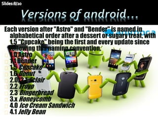 Each version after "Astro" and "Bender" is named in
alphabetical order after a dessert or sugary treat, with
1.5 "Cupcake" being the first and every update since
following this naming convention.
1.0 Astro
1.1 Bender
1.5 Cupcake
1.6 Donut
2.0/2.1 Eclair
2.2 Froyo
2.3 Gingerbread
3.x Honeycomb
4.0 Ice Cream Sandwich
4.1 Jelly Bean
 