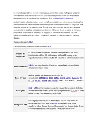 La reiterada aparición de nuevas versiones que, en muchos casos, no llegan a funcionar
correctamente en el hardware diseñado para versiones previas, hacen que Android sea
considerado uno de los elementos promotores de la obsolescencia programada.
Android ha sido criticado muchas veces por la fragmentación que sufren sus terminales al no
ser soportado con actualizaciones constantes por los distintos fabricantes. Se creyó que esta
situación cambiaría tras un anuncio de Google en el que comunicó que los fabricantes se
comprometerán a aplicar actualizaciones al menos 18 meses desde su salida al mercado,
pero esto al final nunca se concretó y el proyecto se canceló.40 Actualmente hay una
aplicación disponible en Android 2.2 que intenta disminuir la fragmentacion por parte de
Google.
Características[editar]
Características y especificaciones actuales:41 42 43
Diseño de
dispositivo
La plataforma es adaptable a pantallas de mayor resolución, VGA,
biblioteca de gráficos 2D, biblioteca de gráficos 3D basada en las
especificaciones de la OpenGL ES 2.0 y diseño de teléfonos tradicionales.
Almacenamiento
SQLite, una base de datos liviana, que es usada para propósitos de
almacenamiento de datos.
Conectividad
Android soporta las siguientes tecnologías de
conectividad: GSM/EDGE, IDEN, CDMA, EV-DO, UMTS, Bluetooth, Wi-
Fi, LTE, HSDPA, HSPA+, NFC yWiMAX.GPRS,UMTS,HSPA+ Y HSDPA+
Mensajería
SMS y MMS son formas de mensajería, incluyendo mensajería de texto y
ahora la Android Cloud to Device Messaging Framework (C2DM) es parte
del servicio de Push Messaging de Android.
Navegador web
El navegador web incluido en Android está basado en el motor de
renderizado de código abierto WebKit, emparejado con el motor
JavaScript V8 de Google Chrome. El navegador por defecto de Ice Cream
Sandwich obtiene una puntuación de 100/100 en el test Acid3.
 