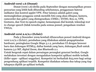 Android versi 1.6 (Donut) 
Donut (versi 1.6) dirilis pada September dengan menampilkan proses 
pencarian yang lebih baik dibanding sebelumnya, penggunaan baterai 
indikator dan kontrol applet VPN. Fitur lainnya adalah galeri yang 
memungkinkan pengguna untuk memilih foto yang akan dihapus; kamera, 
camcorder dan galeri yang dintegrasikan; CDMA / EVDO, 802.1x, VPN, 
Gestures, dan Text-to-speech engine; kemampuan dial kontak; teknologi text 
to change speech (tidak tersedia pada semua ponsel; pengadaan resolusi 
VWGA. 
Android versi 2.0/2.1 (Eclair) 
Pada 3 Desember 2009 kembali diluncurkan ponsel Android dengan 
versi 2.0/2.1 (Eclair), perubahan yang dilakukan adalah pengoptimalan 
hardware, peningkatan Google Maps 3.1.2, perubahan UI dengan browser 
baru dan dukungan HTML5, daftar kontak yang baru, dukungan flash untuk 
kamera 3,2 MP, digital Zoom, dan Bluetooth 2.1. 
Untuk bergerak cepat dalam persaingan perangkat generasi berikut, Google 
melakukan investasi dengan mengadakan kompetisi aplikasi mobile terbaik 
(killer apps - aplikasi unggulan). Kompetisi ini berhadiah $25,000 bagi setiap 
pengembang aplikasi terpilih. Kompetisi diadakan selama dua tahap yang tiap 
tahapnya dipilih 50 aplikasi terbaik. 
 