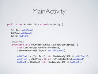 Web Services 存取天氣資料
http://api.openweathermap.org/data/2.5/weather?
lat=22.629lon=120.262units=metric
http://api.openweathermap.org/data/2.5/weather?
q=Taipei,TWunits=metric
 