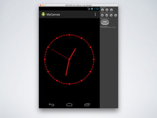 2D 繪圖
setContentView(new View(this) {
@Override
protected void onDraw(Canvas canvas) {
super.onDraw(canvas);
Paint paint = new Paint();
paint.setStyle(Paint.Style.FILL);
paint.setColor(Color.WHITE);
canvas.drawPaint(paint);
paint.setColor(Color.GREEN);
canvas.drawCircle(100, 100, 20, paint);
}
});
 