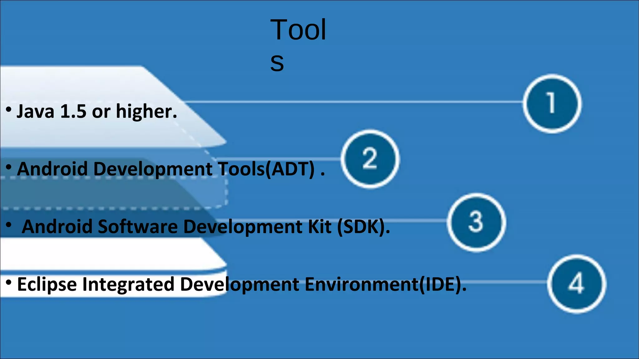 Tool 
s 
• Java 1.5 or higher. 
• Android Development Tools(ADT) . 
• Android Software Development Kit (SDK). 
• Eclipse Integrated Development Environment(IDE). 
 
