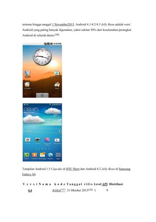 tertentu hingga tanggal 1 November2013. Android 4.1/4.2/4.3 Jelly Bean adalah versi 
Android yang paling banyak digunakan, yakni sekitar 50% dari keseluruhan perangkat 
Android di seluruh dunia.[180] 
Tampilan Android 1.5 Cupcake di HTC Hero dan Android 4.2 Jelly Bean di Samsung 
Galaxy S4. 
V e r s i N a m a k o d e T a n g g a l r i l i s Level API Distribusi 
4.4 KitKat[181] 
31 Oktober 2013[182] 1 9 
 