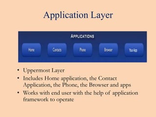 Application Layer 
• Uppermost Layer 
• Includes Home application, the Contact 
Application, the Phone, the Browser and apps 
• Works with end user with the help of application 
framework to operate 
 