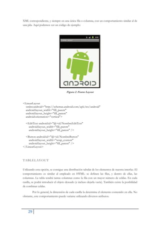 29
XML correspondiente, y siempre en una única fila o columna, con un comportamiento similar al de
una pila. Aquí podemos ver un código de ejemplo:
Figura 2. Frame Layout
<LinearLayout
xmlns:android="http://schemas.android.com/apk/res/android"
android:layout_width="fill_parent"
android:layout_height="fill_parent"
android:orientation="vertical">
<EditText android:id="@+id/NombreEditText"
android:layout_width="fill_parent"
android:layout_height="fill_parent" />
<Button android:id="@+id/NombreButton"
android:layout_width="wrap_content"
android:layout_height="fill_parent" />
</LinearLayout>
TABLELAYOUT
Utilizando esta opción, se consigue una distribución tabular de los elementos de nuestra interfaz. El
comportamiento es similar al empleado en HTML: se definen las filas, y dentro de ellas, las
columnas. La tabla tendrá tantas columnas como la fila con un mayor número de celdas. En cada
casilla, se podrá introducir el objeto deseado (e incluso dejarla vacía). También existe la posibilidad
de combinar celdas.
Por lo general, la dimensión de cada casilla la determina el elemento contenido en ella. No
obstante, este comportamiento puede variarse utilizando diversos atributos.
 
