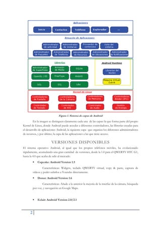 2
Figura 1. Sistema de capas de Android
En la imagen se distinguen claramente cada una de las capas: la que forma parte del propio
Kernel de Linux, donde Android puede acceder a diferentes controladores, las librerías creadas para
el desarrollo de aplicaciones Android, la siguiente capa que organiza los diferentes administradores
de recursos, y por último, la capa de las aplicaciones a las que tiene acceso.
VERSIONES DISPONIBLES
El sistema operativo Android, al igual que los propios teléfonos móviles, ha evolucionado
rápidamente, acumulando una gran cantidad de versiones, desde la 1.0 para el QWERTY HTC G1,
hasta la 4.0 que acaba de salir al mercado.
ƒ Cupcake: Android Version 1.5
Características: Widgets, teclado QWERTY virtual, copy & paste, captura de
vídeos y poder subirlos a Youtube directamente.
ƒ Donut: Android Version 1.6
Características: Añade a la anterior la mejoría de la interfaz de la cámara, búsqueda
por voz, y navegación en Google Maps.
ƒ Eclair: Android Version 2.0/2.1
 