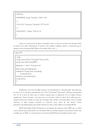 64
VALUES (
'000000000X', 'Jorge', 'Hombre', '1980-11-20'
), (
'11111111Y', 'Francisco', 'Hombre', '1977-09-10'
), (
'222222222Z', '', 'Mujer', '1987-01-15'
);
Ahora con nuestra base de datos terminada, vamos a crear uns servicio web obtenga todos
los datos de la tabla. Obviamente el servicio web aceptará cualquier sintaxis y restricción que le
pidamos como al propio SQL (Where, Grouopby, limit ,sort....)
Código PHP.
<?php
mysql_connect("host","username","password");
mysql_select_db("nuestraBD");
$pregunta = “select * from persona”
$sql=mysql_query($pregunta);
while($row=mysql_fetch_assoc($sql))
$output[]=$row;
print(json_encode($output));
mysql_close();
?>
Publicamos en la web el código anterior y lo renombramos a “personas.php”. Recordar que
los datos de la conexión especificados por "host","username","password", deberán corresponder
con los de la base de datos que el usuario requiera para su aplicación. En el código anterior,
simplemente hemos lanzado una query que nos devuelva todos los datos de la tabla persona y
después hemos ido creando un array que contenga cada entrada a la propia tabla. Como se puede
observar, al final siempre cerramos la conexión, pero antes de ello hemos escrito
print(json_encode($output)); para poder obtener los datos como salida en el estandar JSON.
JSON (JavaScript Object Notation) es un lenguaje de etiquetas como XML que se utiliza
como sustituto para intercambio de contenidos dada su sencillez permite crear parsers mucho más
sencillos que en XML. La estructura que nos devolvería JSON para el ejemplo anterior sería:
 
