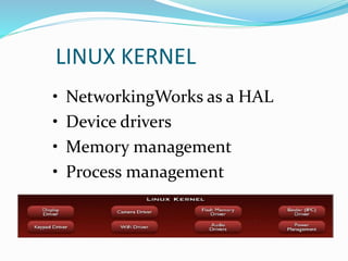 LINUX KERNEL
• NetworkingWorks as a HAL
• Device drivers
• Memory management
• Process management
 