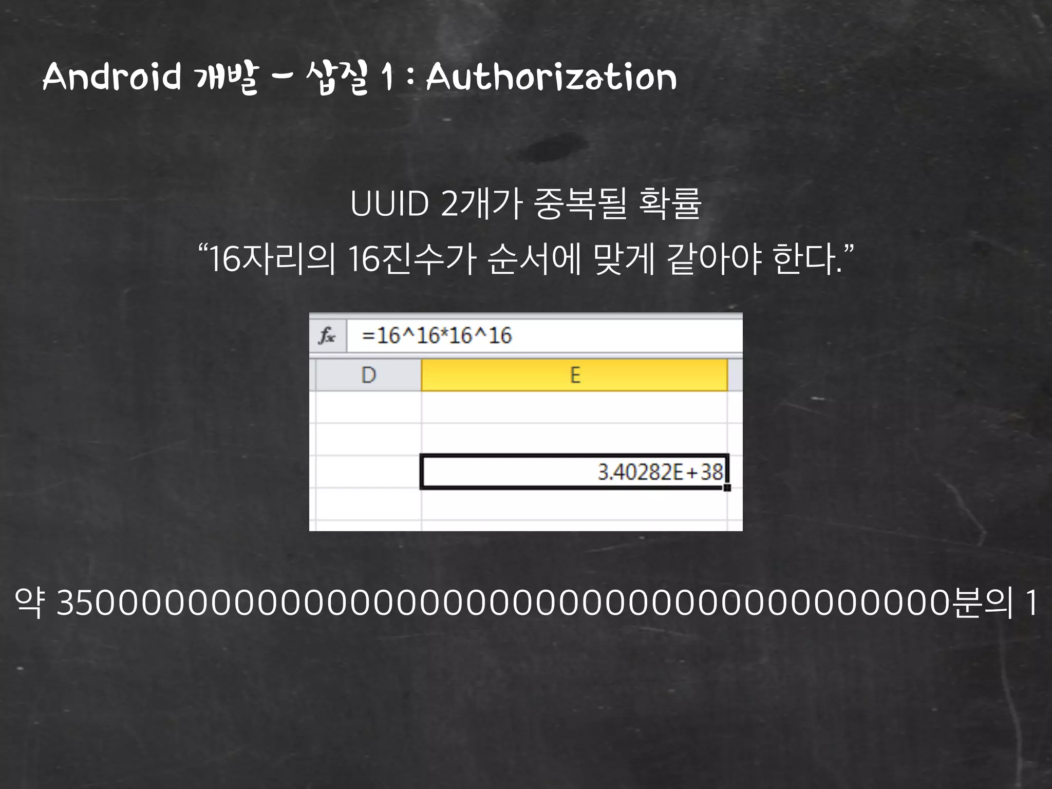 Android 개발 - 삽질 1 : Authorization
UUID 2개가 중복될 확률
“16자리의 16진수가 순서에 맞게 같아야 한다.”
약 350000000000000000000000000000000000000분의 1
 