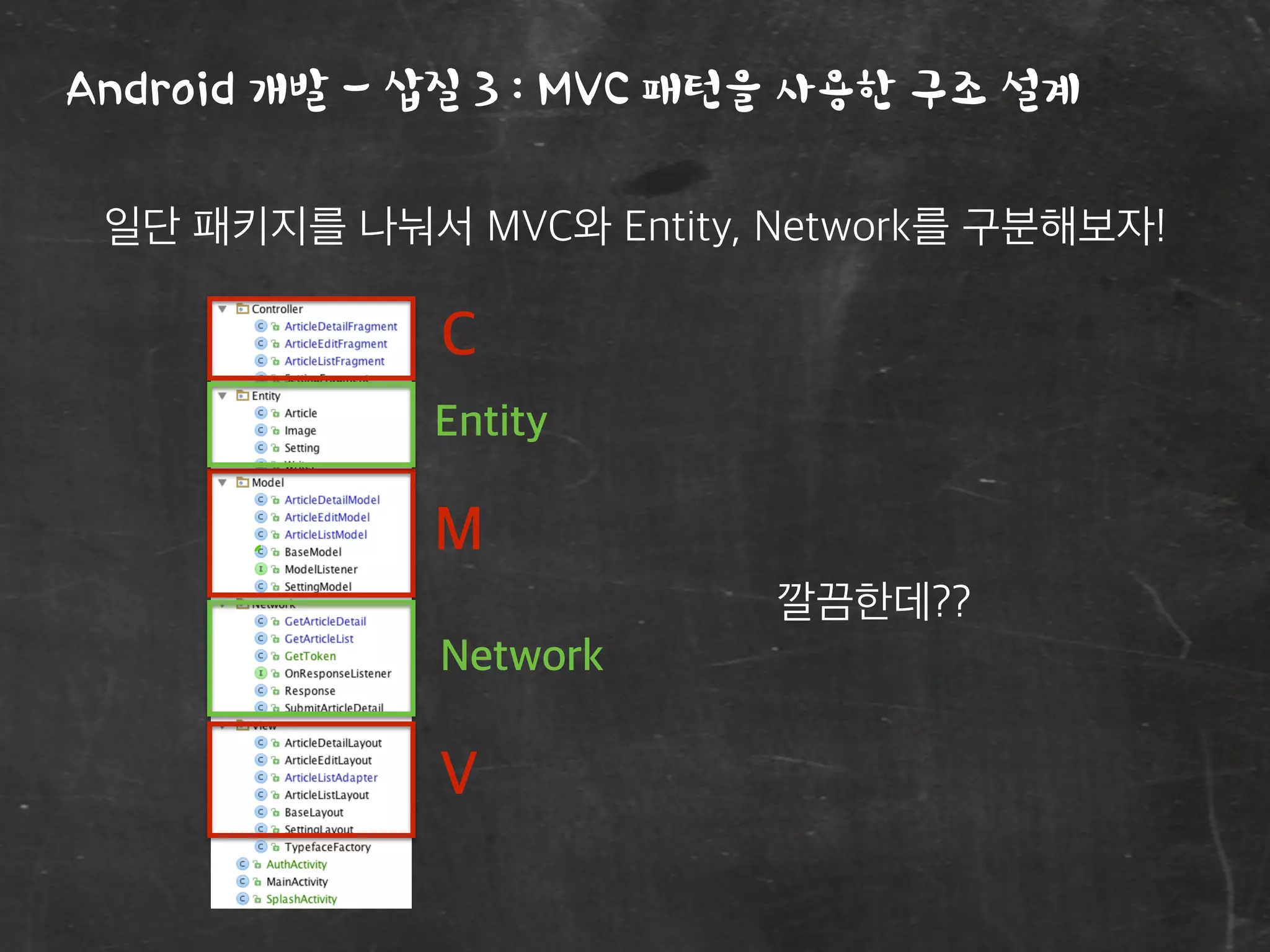 Android 개발 - 삽질 3 : MVC 패턴을 사용한 구조 설계
일단 패키지를 나눠서 MVC와 Entity, Network를 구분해보자!
M
C
V
Entity
Network
깔끔한데??
 