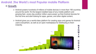  Android powers hundreds of millions of mobile devices in more than 190 countries
around the world. It's the largest installed base of any mobile platform and
growing fast—every day another million users power up their Android devices for
the first time and start looking for apps, games, and other digital content.
 Android gives you a world-class platform for creating apps and games for Android
users everywhere, as well as an open marketplace for distributing to them
instantly.
 