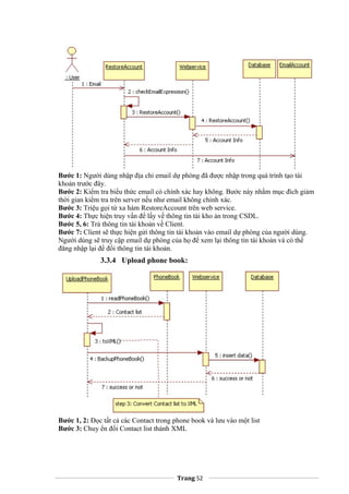 Bước 1: Người dùng nhập địa chỉ email dự phòng đã được nhập trong quá trình tạo tài
khoản trước đây.
Bước 2: Kiểm tra biểu thức email có chính xác hay không. Bước này nhằm mục đích giảm
thời gian kiểm tra trên server nếu như email không chính xác.
Bước 3: Triệu gọi từ xa hàm RestoreAccount trên web service.
Bước 4: Thực hiện truy vấn để lấy về thông tin tài kho ản trong CSDL.
Bước 5, 6: Trả thông tin tài khoản về Client.
Bước 7: Client sẽ thực hiện gửi thông tin tài khoản vào email dự phòng của người dùng.
Người dùng sẽ truy cập email dự phòng của họ để xem lại thông tin tài khoản và có thể
đăng nhập lại để đổi thông tin tài khoản.
3.3.4 Upload phone book:
Bước 1, 2: Đọc tất cả các Contact trong phone book và lưu vào một list
Bước 3: Chuy ển đổi Contact list thành XML
Trang 52
 