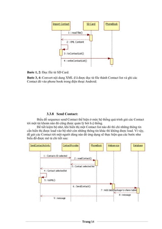 Bước 1, 2: Đọc file từ SD Card.
Bước 3, 4: Convert nội dung XML đ ã được đọc từ file thành Contact list và ghi các
Contact đó vào phone book trong điện thoại Android.
3.3.8 Send Contact:
Biểu đồ sequence send Contact thể hiện ở mức hệ thống quá trình gửi các Contact
tới một tài khoản nào đó cũng được quản lý bởi h ệ thống.
Để tiết kiệm bộ nhớ, khi hiển thị một Contact list nào đó thì chỉ những thông tin
cần hiển thị được load vào bộ nhớ còn những thông tin khác thì không được load. Vì vậy,
để gửi các Contact tới một người dùng nào đó ứng dụng sẽ thực hiện qua các bước như
biểu đồ được mô tả chi tiết sau:
Trang 54
 