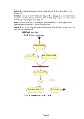 Bước 1, 2, 3, 4: Đọc các thông tin đầy đủ của các Contact đã được chọn và trả về một
Contact list.
Bước 5, 6: Convert Contact list thành nội dung XML và triệu gọi từ xa hàm SendContact
từ web service. Đồng thời truy ền vào các tham số là nội dung cần gửi và các thông tin cần
thiết như ngư ời gửi, người nhận, ngày gửi, …
Bước 7: Add nội dung gửi và các thông tin gửi vào một table. Từ table này tất cả các
người dùng sẽ truy cập vào và lấy các dữ liệu của họ.
Bước 8, 9: Trả về một thông điệp thông báo cho người dùng biết là đ ã gửi được hay chưa
cũng như các trường hợp lỗi.
3.4Biểu đồ hoạt động:
3.4.1 Change password:
3.4.2 Export Contact to SD Card:
Trang 55
 