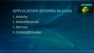 APPLICATION BUIDING BLOCKS
1.Activity
2.IntentReceiver
3.Service
4.ContentProvider
 
