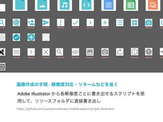 Drawables
画像作成の手間 - 解像度対応・リネームなどを省く
Adobe Illustrator から各解像度ごとに書き出せるスクリプトを使
用して、リソースフォルダに直接書き出し
https://github.com/austynmahoney/mobile-export-scripts-illustrator
 