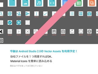 Drawables
今後は Android Studio 2.0の Vector Assets を利用予定！
SVGファイルを１つ用意すればOK、
Material Icons を簡単に読み込める
現在はバグがあってまだ使えていない
 
