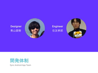開発体制
Sync Android App Team
青山直樹 住友孝郎
Designer Engineer
 