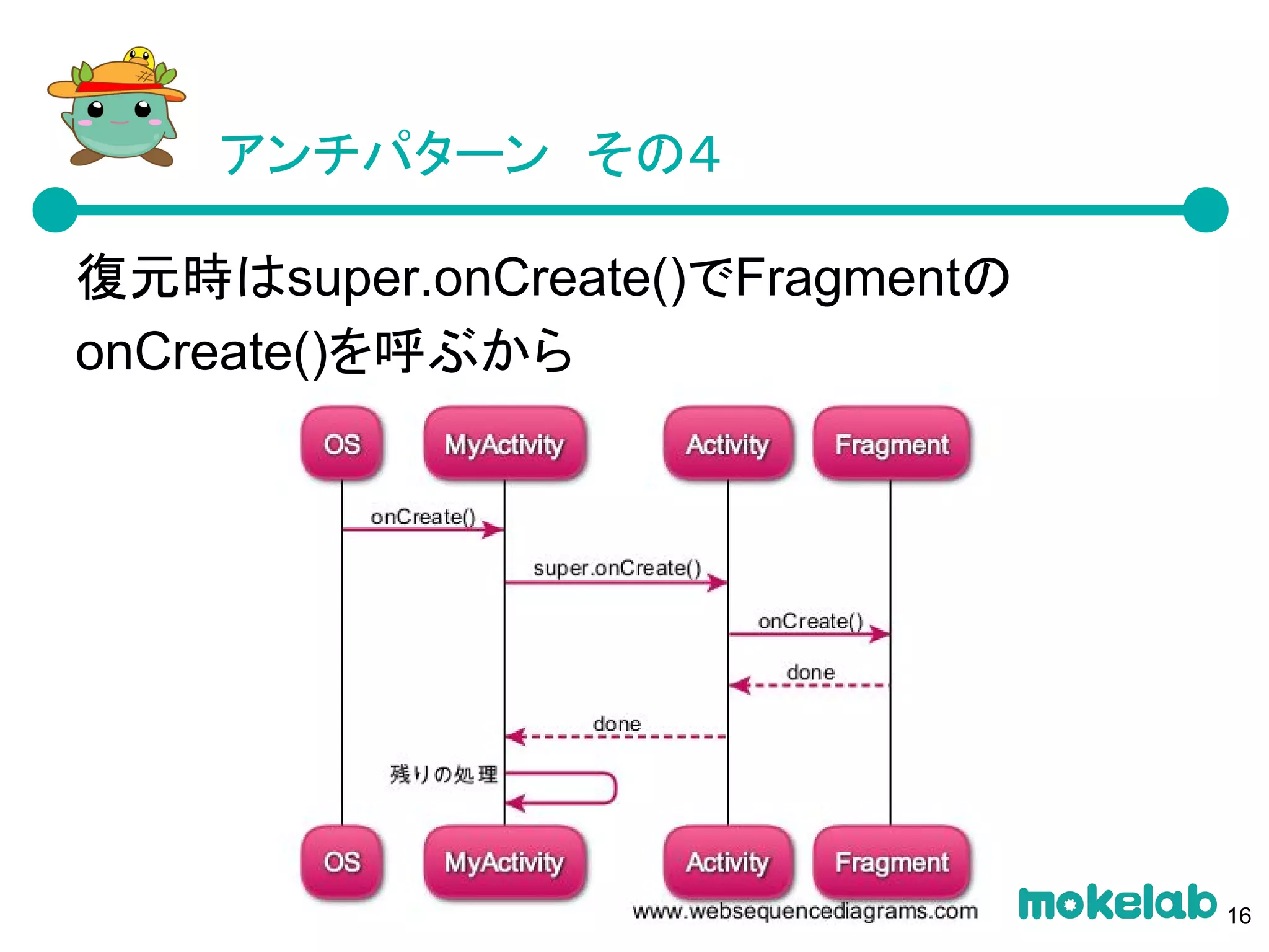 アンチパターン　その４
復元時はsuper.onCreate()でFragmentの
onCreate()を呼ぶから
16
 