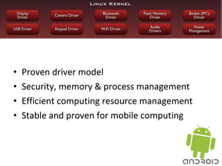 • Proven driver model
• Security, memory & process management
• Efficient computing resource management
• Stable and proven for mobile computing
 