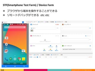 Copyright © DeNA Co.,Ltd. All Rights Reserved.
STF(Smartphone Test Farm) / Device Farm
 ブラウザから端末を操作することができる
 リモートデバッグができる etc etc
 