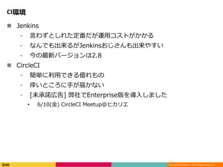 Copyright © DeNA Co.,Ltd. All Rights Reserved.
CI環境
 Jenkins
⁃ 言わずとしれた定番だが運用コストがかかる
⁃ なんでも出来るがJenkinsおじさんも出来やすい
⁃ 今の最新バージョンは2.8
 CircleCI
⁃ 簡単に利用できる優れもの
⁃ 痒いところに手が届かない
⁃ [未承諾広告] 弊社でEnterprise版を導入しました
• 6/10(金) CircleCI Meetup@ヒカリエ
 
