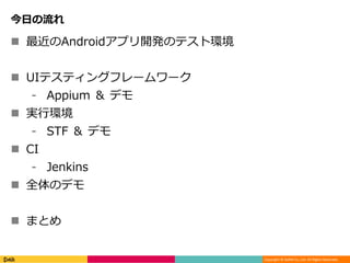Copyright © DeNA Co.,Ltd. All Rights Reserved.
今日の流れ
 最近のAndroidアプリ開発のテスト環境
 UIテスティングフレームワーク
⁃ Appium ＆ デモ
 実行環境
⁃ STF ＆ デモ
 CI
⁃ Jenkins
 全体のデモ
 まとめ
 