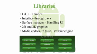 Libraries
• C/C++ libraries
• Interface through Java
• Surface manager – Handling UI
• 2D and 3D graphics
• Media codecs, SQLite, Browser engine
 