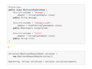 @ToQueryMap
publicclassBbsCreateRequestBody{
@QueryParam(name="message",
adapter=StringTypeAdapter.class)
publicStringmessage;
@QueryParam(name="category_code",
adapter=EnumToStringTypeAdapter.class)
publicBbsCategorycategoryCode;
@QueryParam(name="title",
adapter=StringTypeAdapter.class)
publicStringtitle;
}
Serializer<BbsCreateRequestBody>serialzer=
newBbsCreateRequestBodySerializer()
Map<String,String>serialized=serialzer.serialize(request);
 